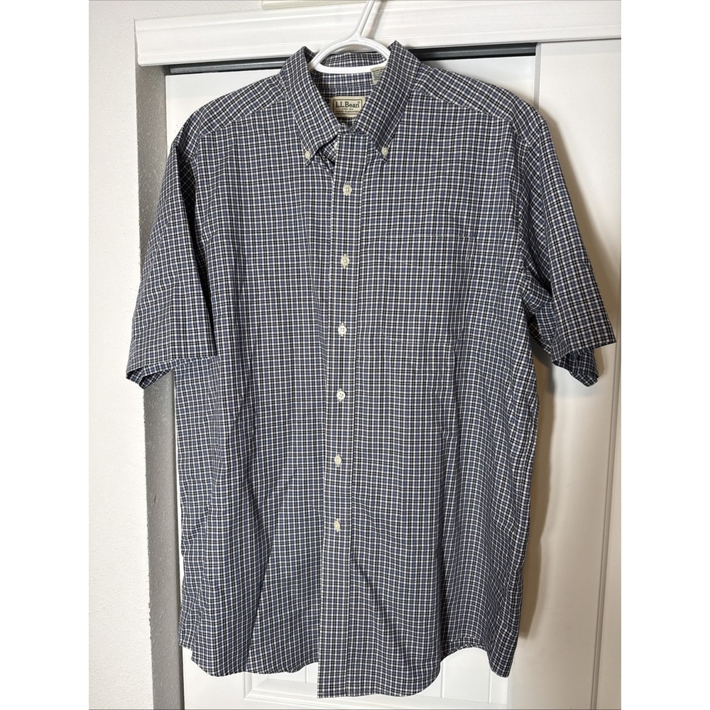 Mens L. L. Bean Long Sleeve Blue Check Pattern Button Up Shirt Large LG REG EUC